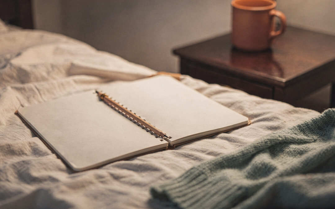 5 Minute Journal Prompts That Start With the Hard Part An open blank notebook with a pencil on a cream bed beside a sage cardigan and a terracotta mug