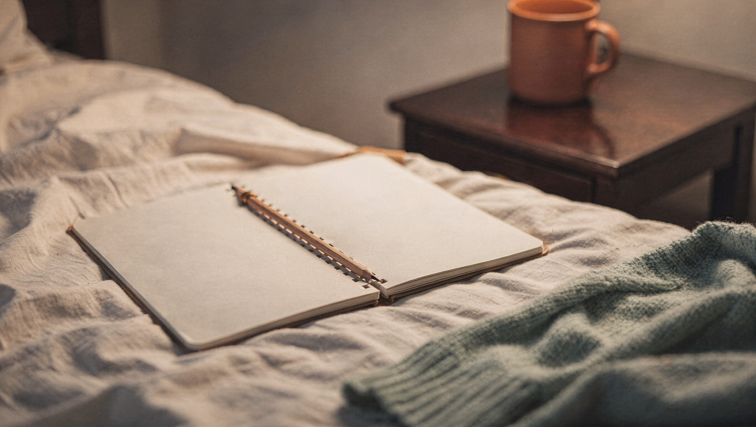 five-minute-journal-prompts-for-moms-featured An open blank notebook with a pencil on a cream bed beside a sage cardigan and a terracotta mug
