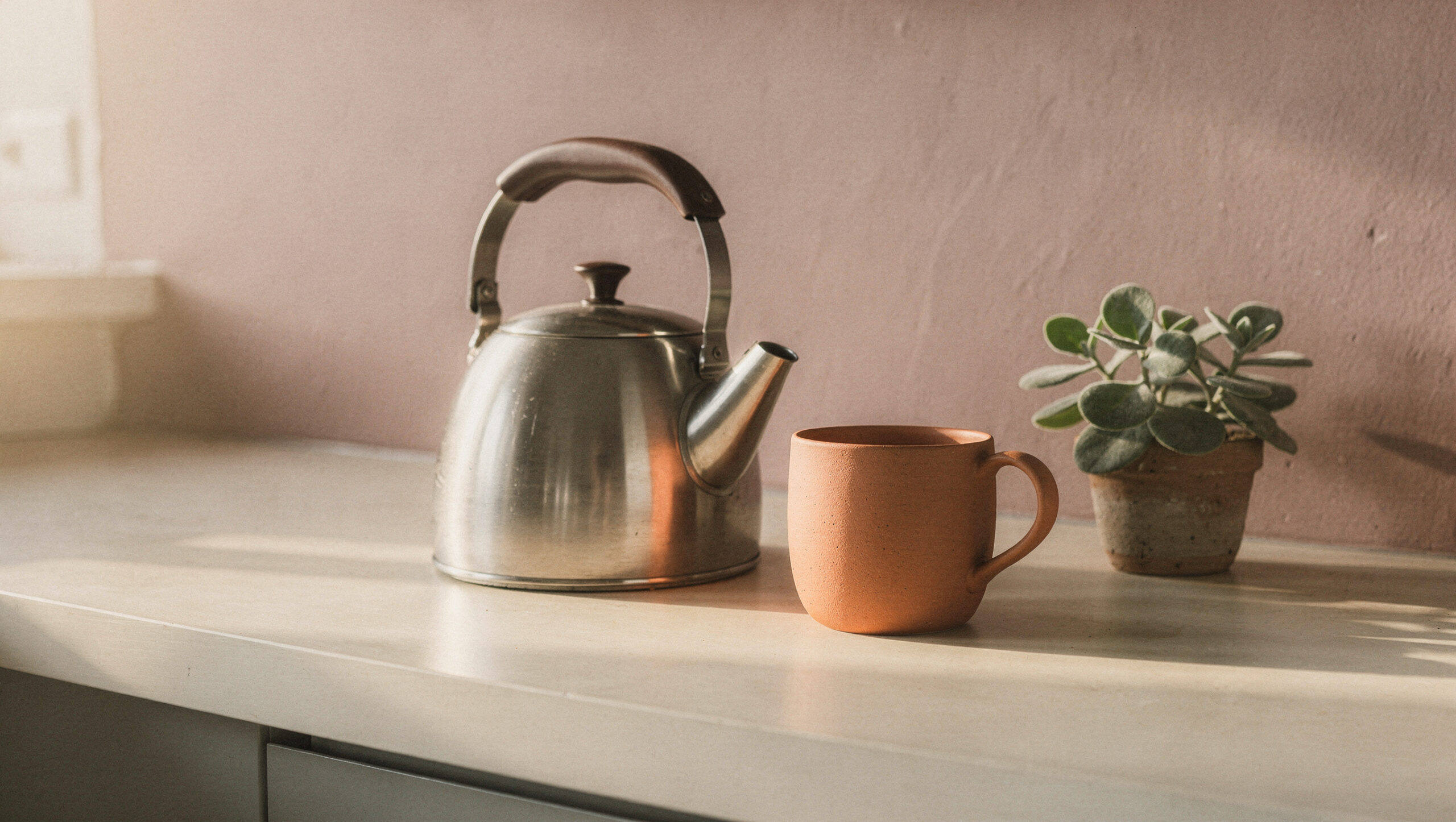 small-daily-self-care-ritual-featured A kettle, a terracotta mug and a small green plant on a cream counter in morning light
